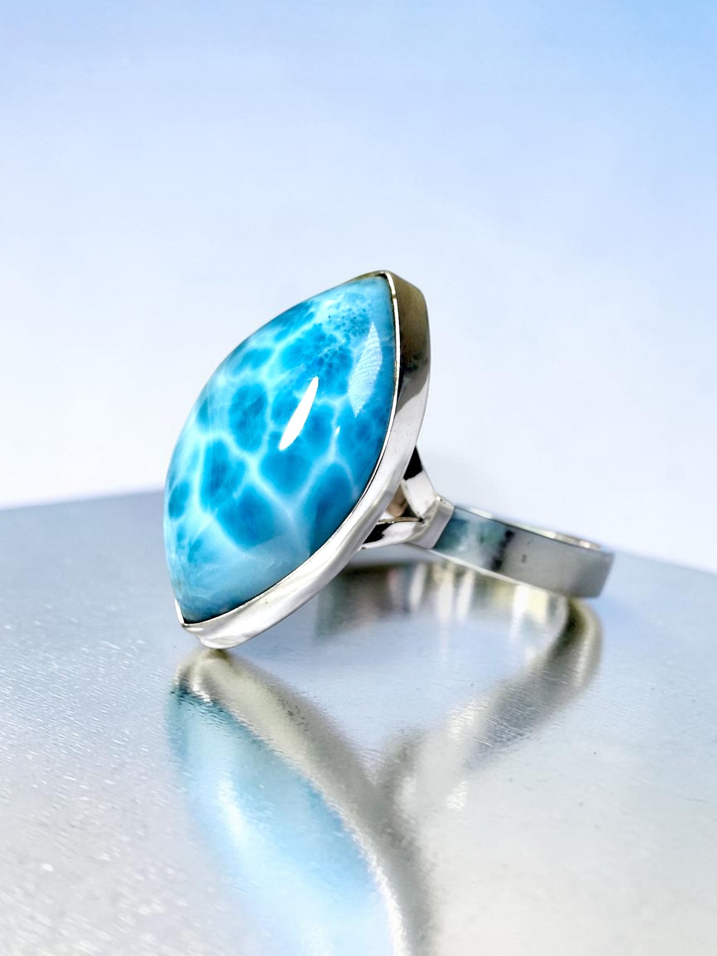 Solid Sterling Silver Big Dominican Deep Blue Larimar Stone Handmade Ring
