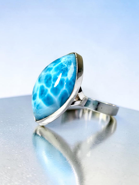 Solid Sterling Silver Big Dominican Deep Blue Larimar Stone Handmade Ring