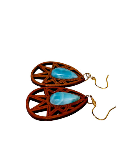 Natural wood W/ Nice Blue Larimar Stone Handmade Dangle Earrings