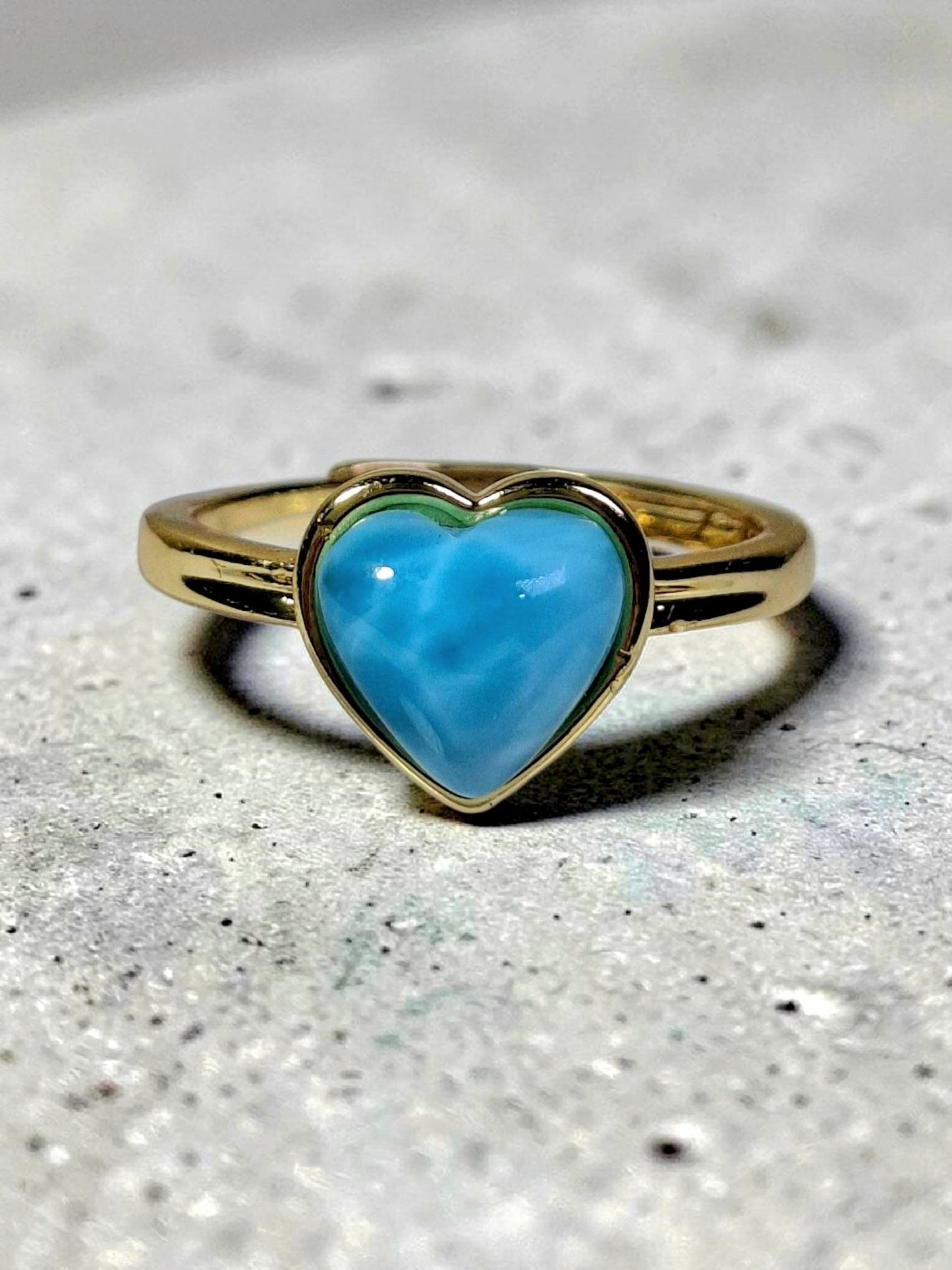 Stainless Steel w/ Gold Plate Heart Dominican Blue Larimar Stone Ring