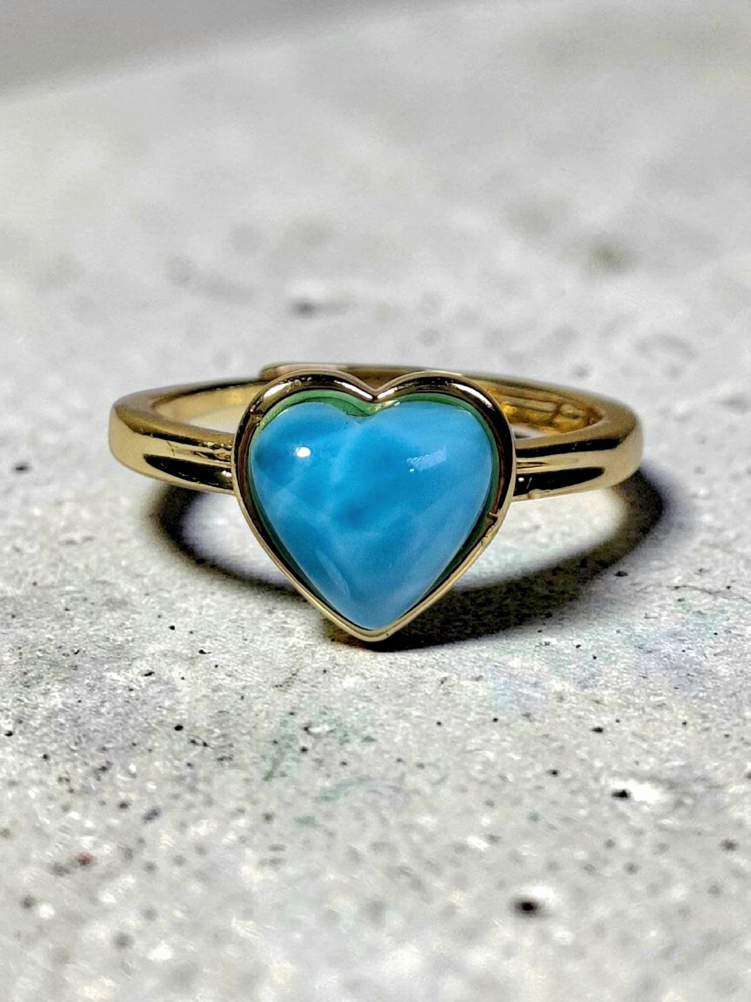 Stainless Steel w/ Gold Plate Heart Dominican Blue Larimar Stone Ring