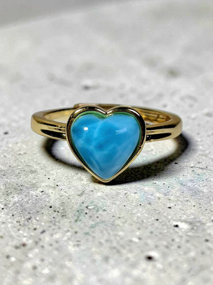 Stainless Steel w/ Gold Plate Heart Dominican Blue Larimar Stone Ring