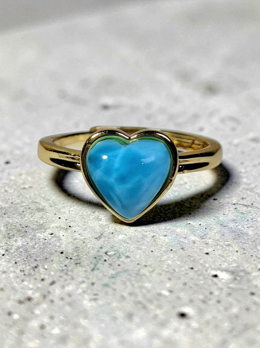 Stainless Steel w/ Gold Plate Heart Dominican Blue Larimar Stone Ring