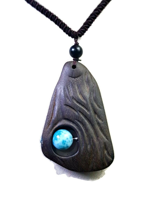 Unique Carved Ebony Wood W/ Blue Larimar Stone Necklace Handcrafted
