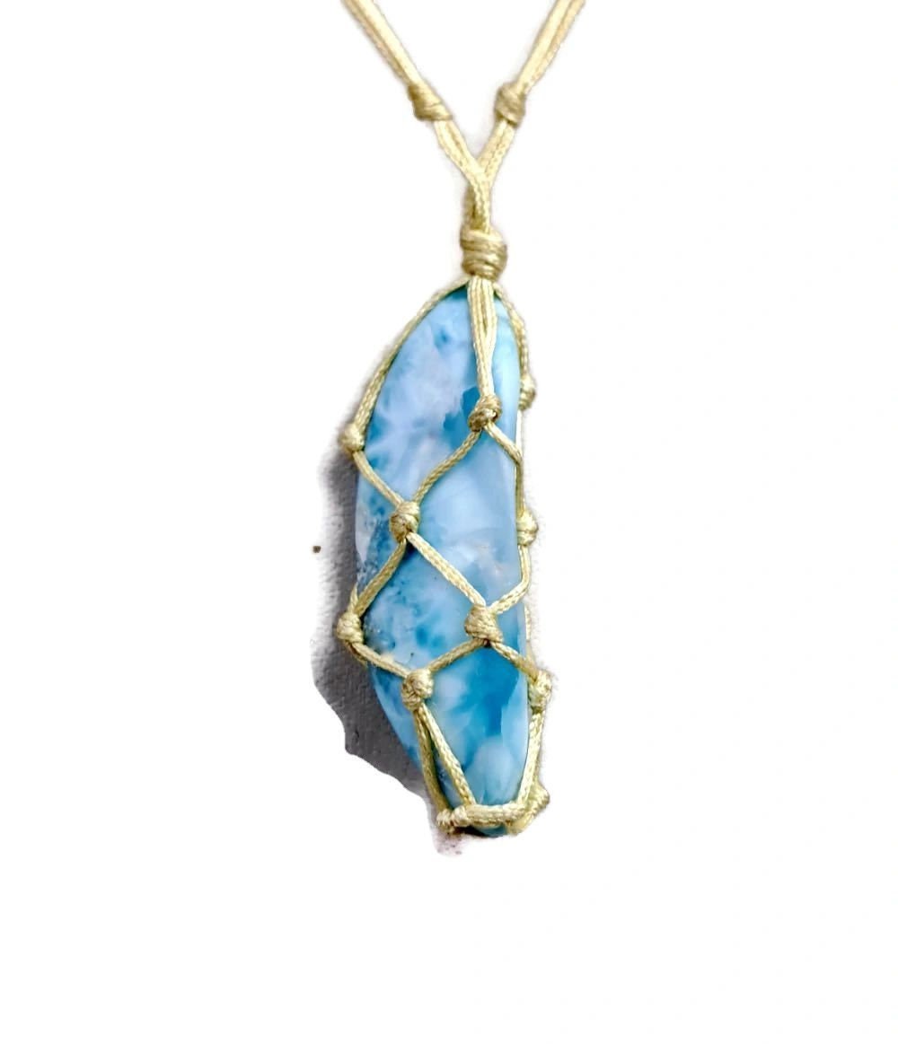 Dominican Nice Blue Larimar Stone Cord Necklace Handcrafted