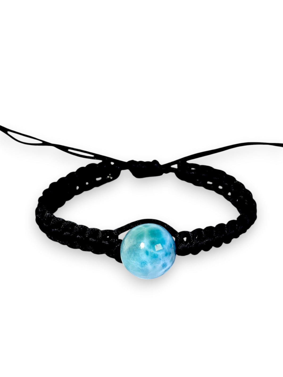 Pulsera hecha a mano de cordón de nailon con piedra larimar azul redonda de 17 mm para hombre/mujer