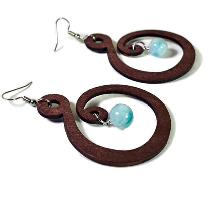 Natural wood W/ Nice Blue Larimar Stone Handmade Dangle Earrings