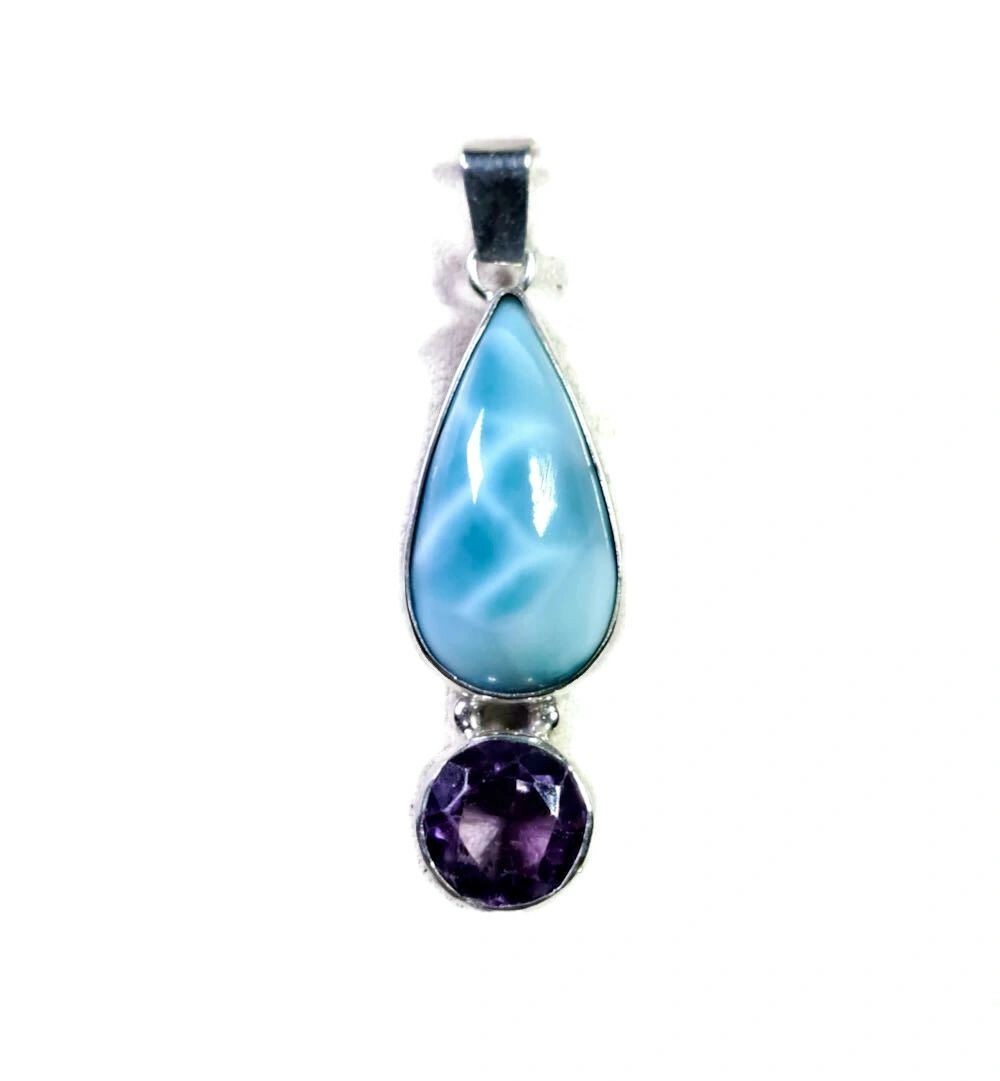 2, "in. Dominican Nice Blue Larimar w/ Amethyst Stones Pendant Handmade
