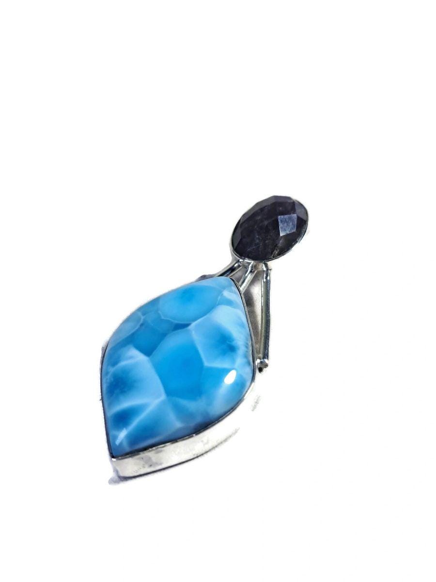 2.6 "in. Beautiful Nice Blue Larimar / Faceted Amethyst Stones Pendant Handmade