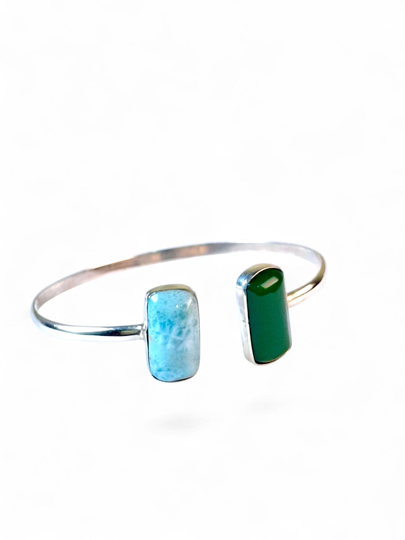 Sterling Silver Dominican Blue Larimar W/ Green Jade Stones Handmade Cuff Brac
