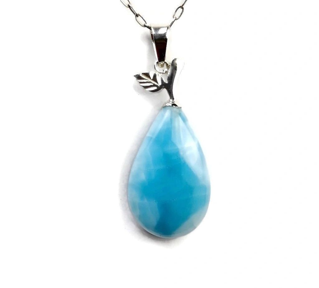 2.2"in. Dominican Sky Blue Larimar Teardrop Stone Pendant Handmade
