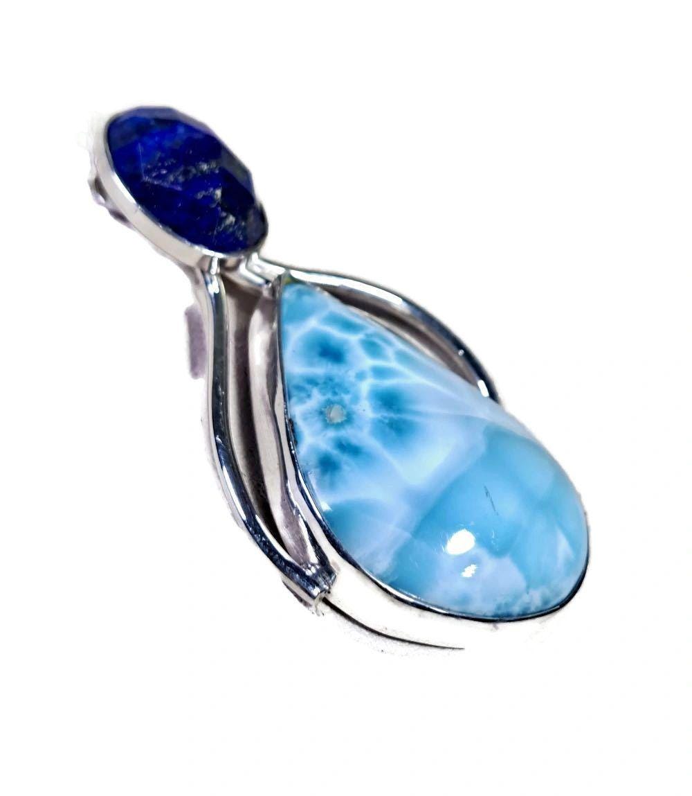 2.4 "in. Beautiful  Blue Larimar / Faceted Lapis Azulis Stones Pendant Handmade