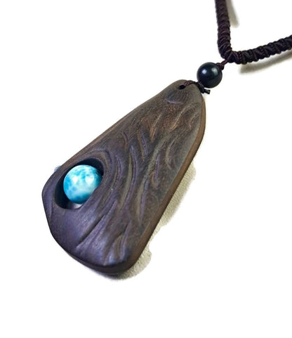 Unique Carved Ebony Wood W/ Blue Larimar Stone Necklace Handcrafted