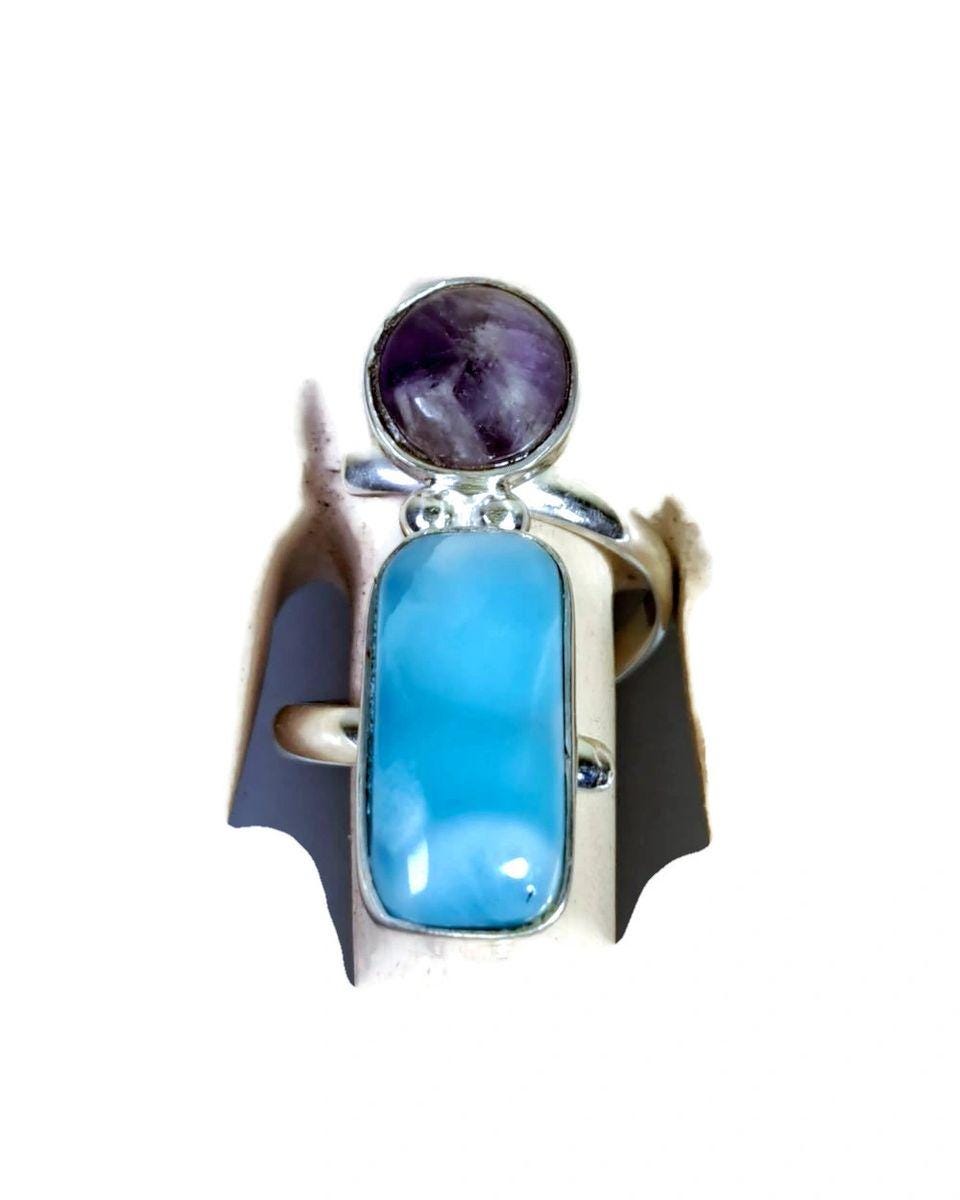 Solid Sterling Silver Deep Blue Larimar W/ Amethyst Stone Ring