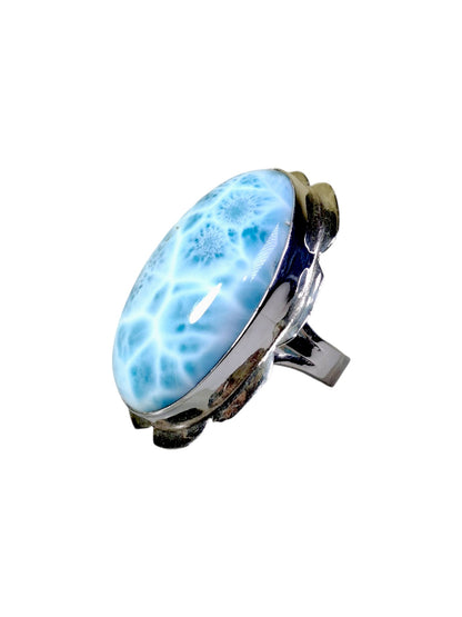 Solid Sterling Silver Big Dominican Deep Blue Larimar Stone Handmade Ring