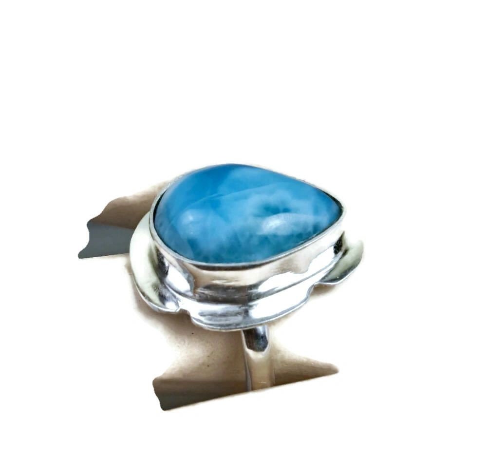 Solid Sterling Silver Dominican Deep Blue Larimar Stone Handmade Ring