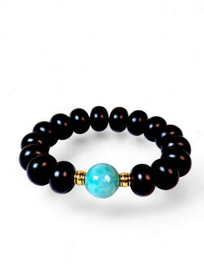 Nice Blue Larimar w/ Sandalwood Beads Blue Handmade Bracelet Men / Women