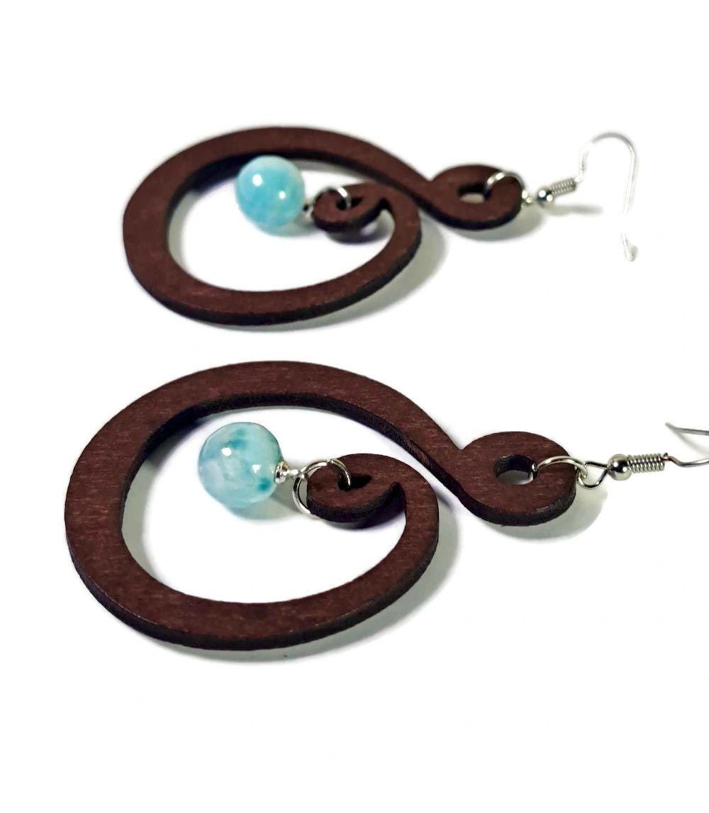 Natural wood W/ Nice Blue Larimar Stone Handmade Dangle Earrings