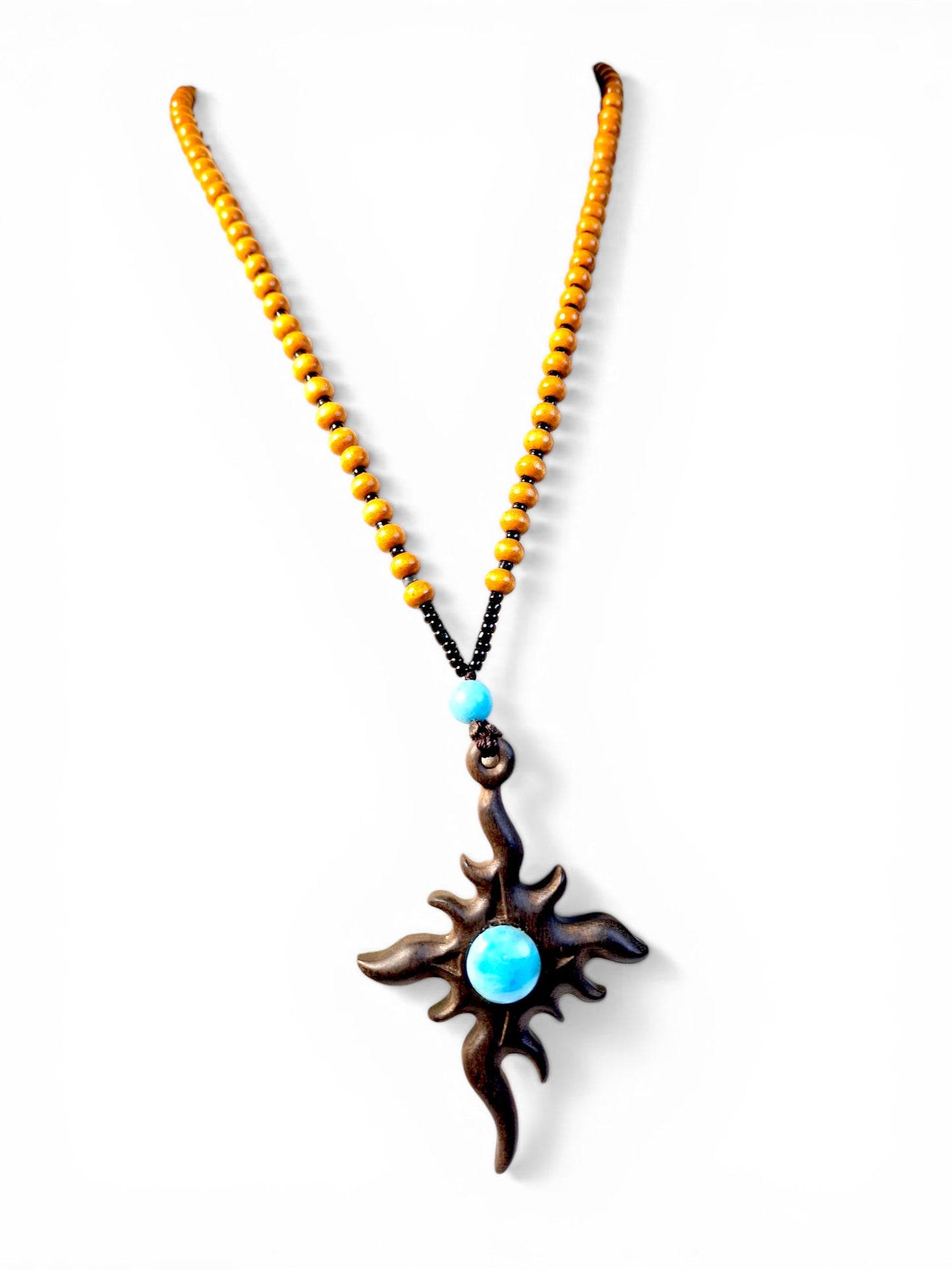 Handcrafted Wooden Sun Cross Pendant Necklace with Dominican Larimar Stone