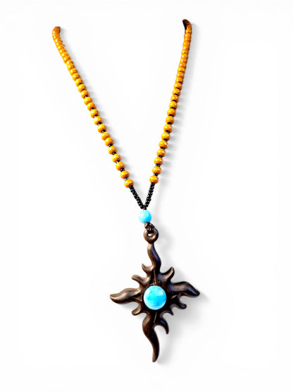 Handcrafted Wooden Sun Cross Pendant Necklace with Dominican Larimar Stone