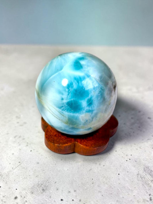 28 mm Larimar Polished Sphere Ball Dominican Blue Crystal Healing Meditation Wood Display