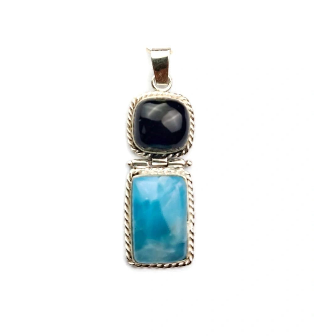 2"in. Dominican Nice Blue Larimar/ Black Coral Stones Pendant Handmade