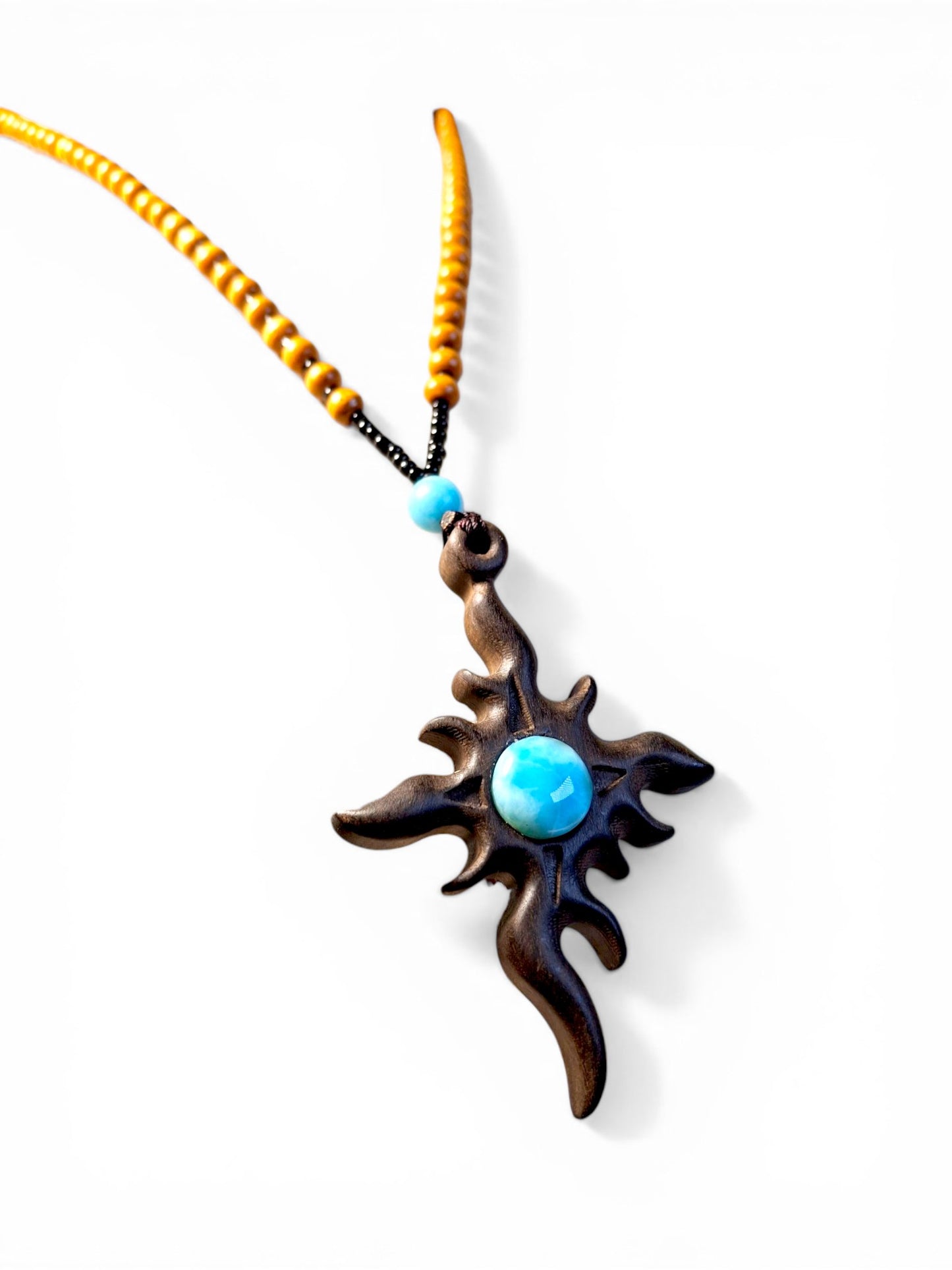 Handcrafted Wooden Sun Cross Pendant Necklace with Dominican Larimar Stone
