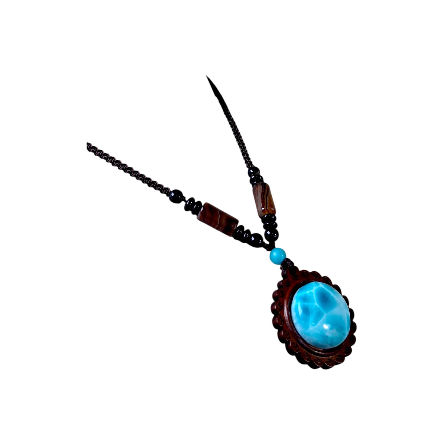 Unique Carved Ebony Wood W/ Blue Larimar Stone Necklace Handcrafted