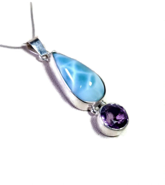 2, "in. Dominican Nice Blue Larimar w/ Amethyst Stones Pendant Handmade