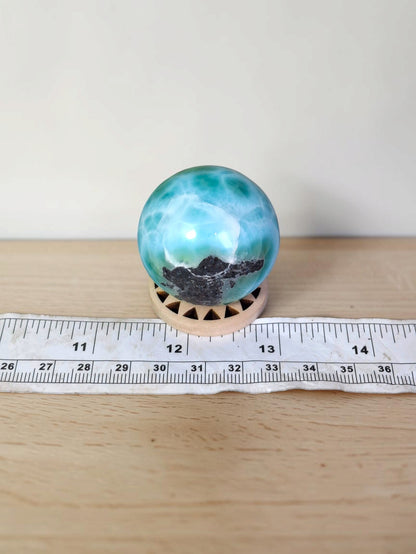 Larimar Polished 39 mm Sphere Ball Dominican Blue Crystal Healing Display