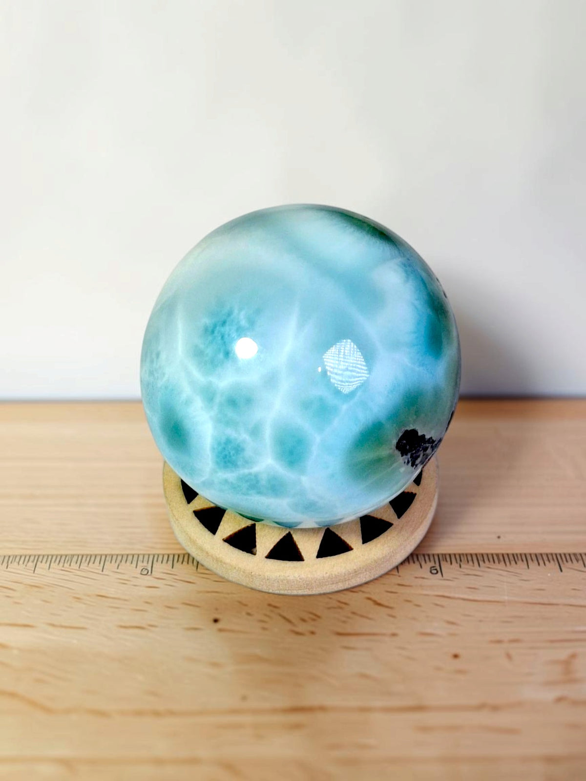 Larimar Polished 39 mm Sphere Ball Dominican Blue Crystal Healing Display