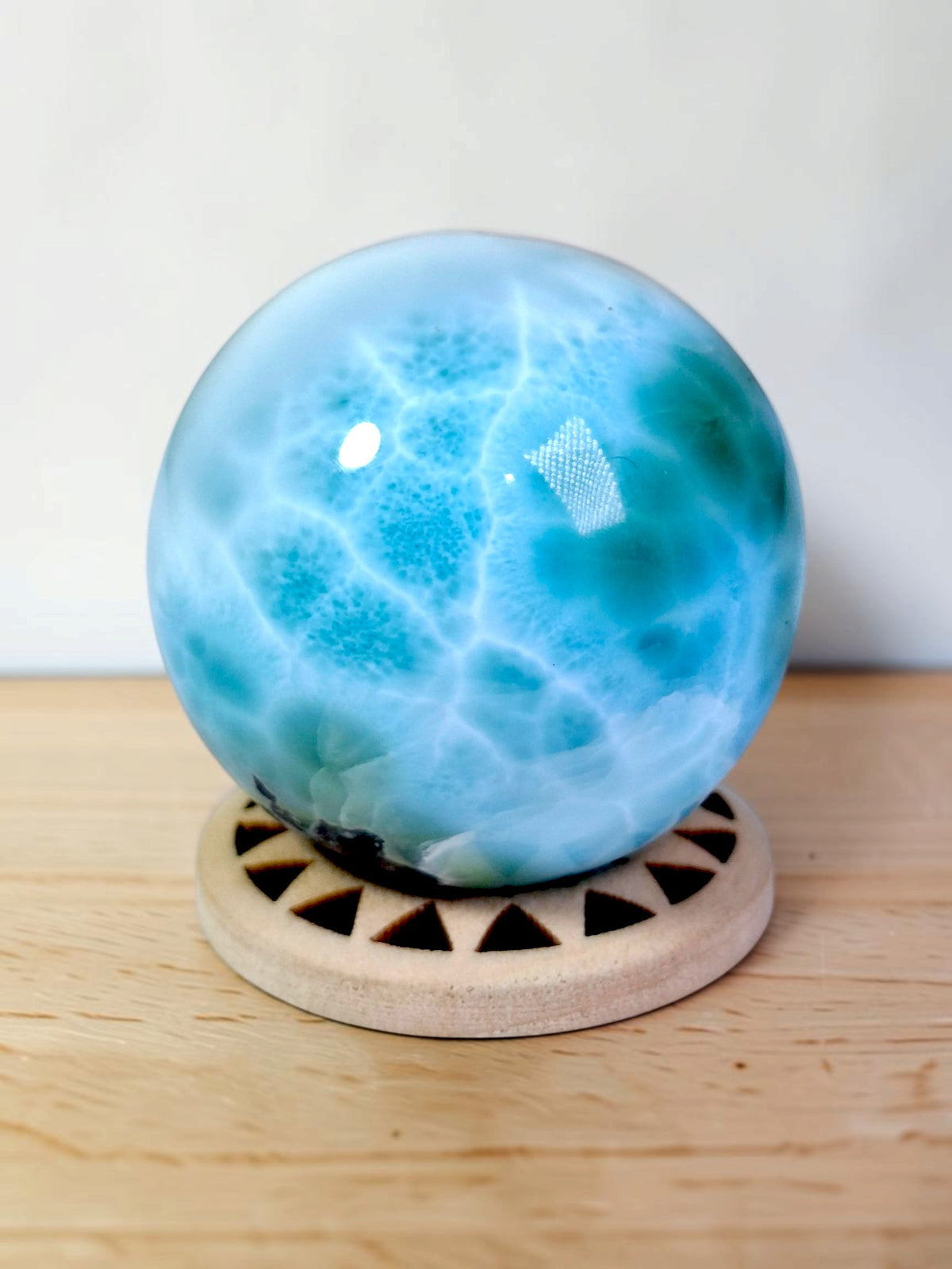 Larimar Polished 39 mm Sphere Ball Dominican Blue Crystal Healing Display