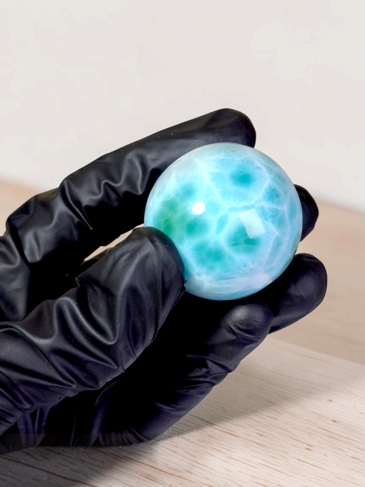 Larimar Polished 39 mm Sphere Ball Dominican Blue Crystal Healing Display