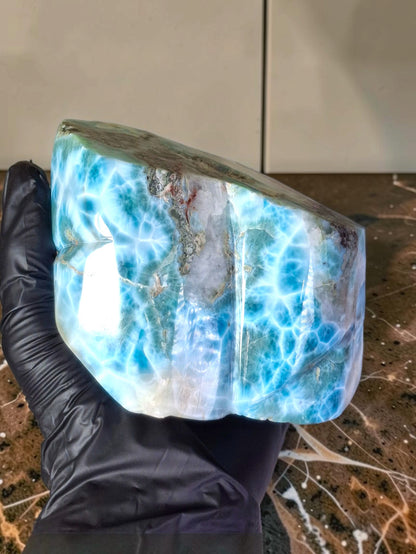 1555g Natural Dominican Larimar Polished Freeform Sculpture Caribbean Blue Stone
