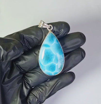 TOP Natural Larimar Pendant 925 Silver  Dominican Blue Gemstone