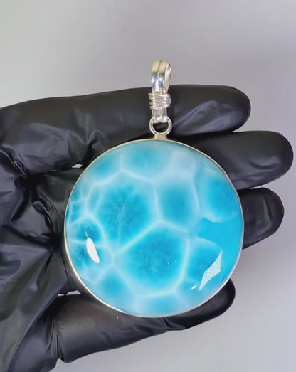 TOP Natural Larimar Pendant 925 Silver Big  Dominican Deep Blue Gemstone
