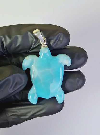 Carved Turtle Dominican Nice Sky Blue Larimar Stone Pendant Handmade