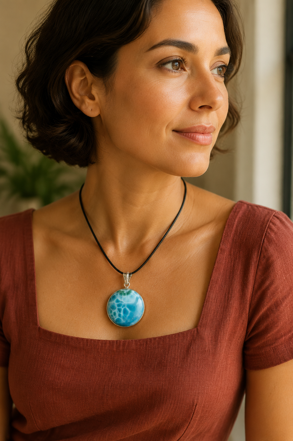 Natural Larimar Pendant 925 Silver 2.0 Inch  Dominican Blue Gemstone Jewelry