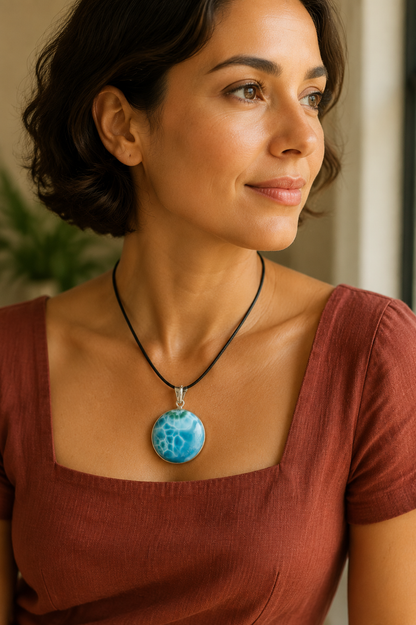 Natural Larimar Pendant 925 Silver 2.0 Inch  Dominican Blue Gemstone Jewelry